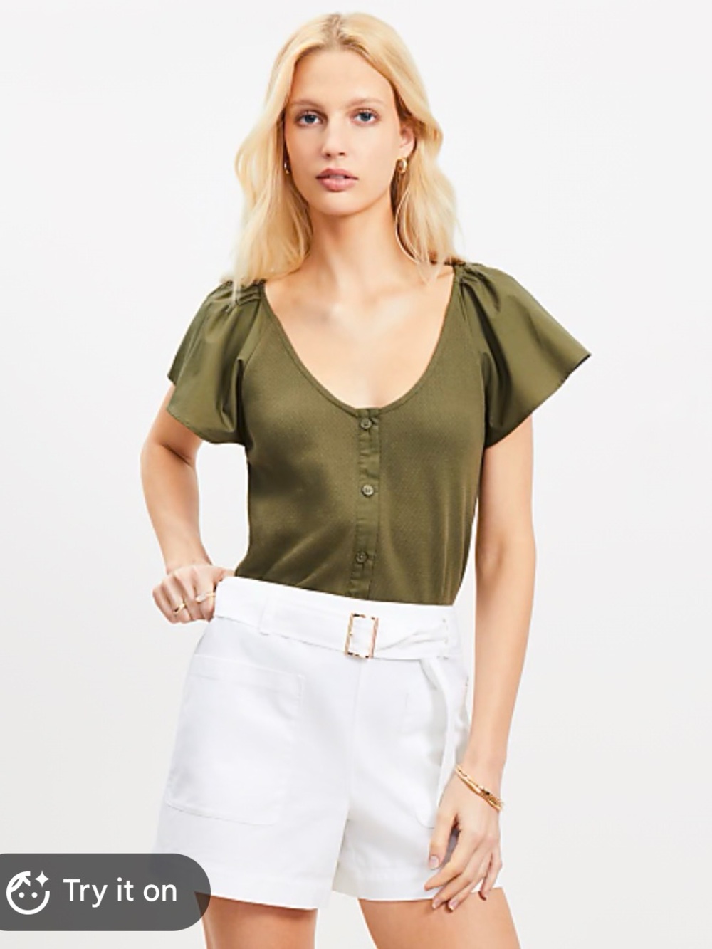 Loft Olive V-Neck Button Front Flutter Sleeve Top size large